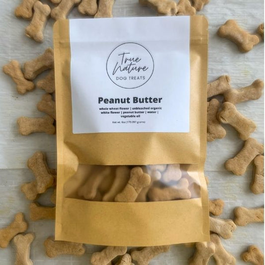 True Nature Peanut Butter Dog Treats in bag.