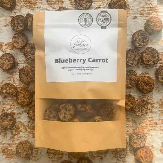 True Nature Blueberry Carrot Dog Treats in a bag.